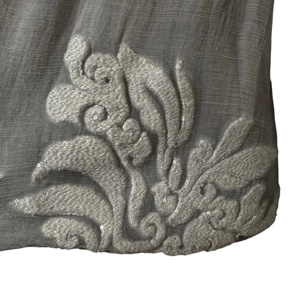 Le Marais Paris Gray Silk‎ Blend Embroidered Tunic Blouse Balloon Sleeve Top L
